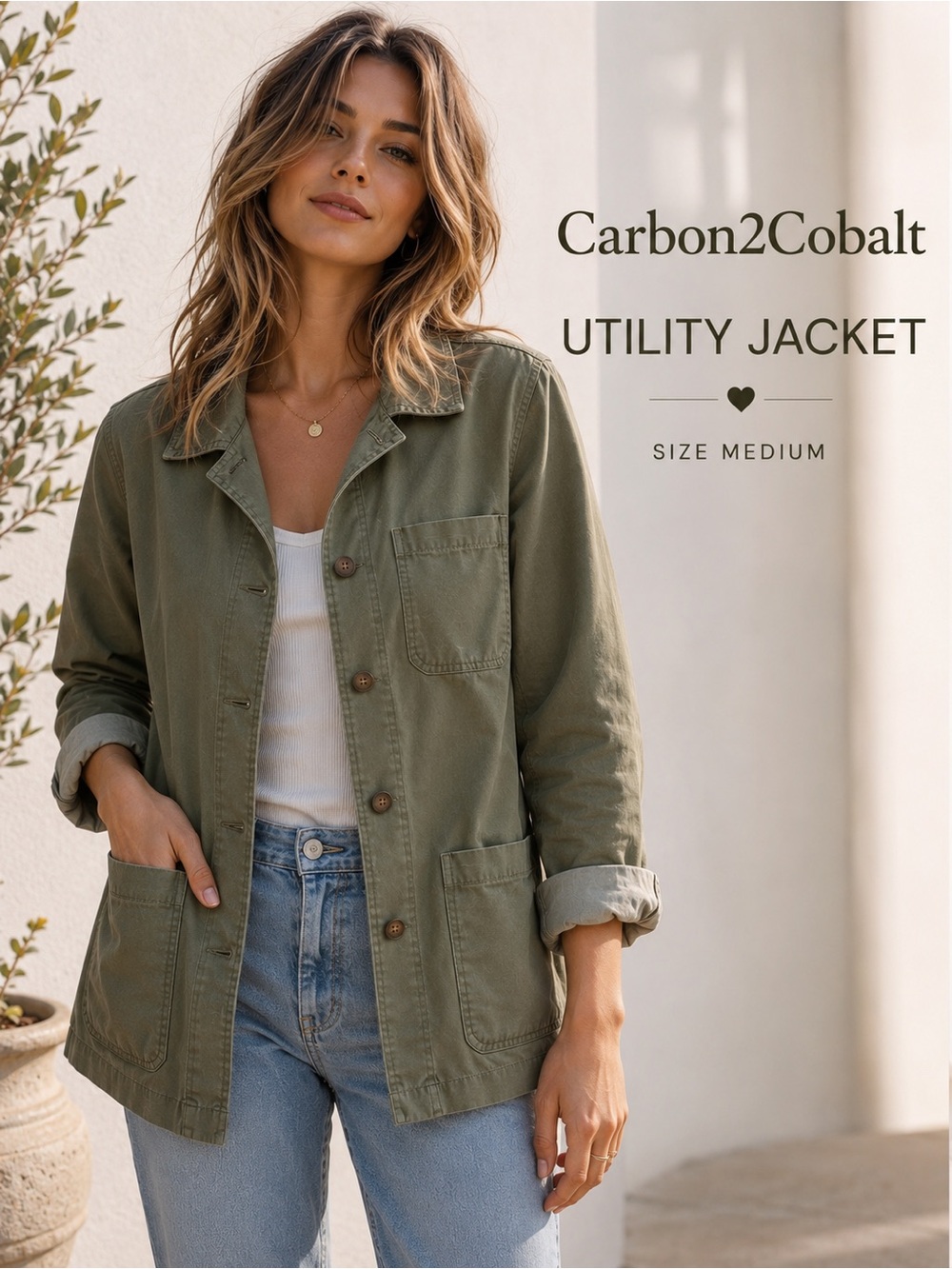 Carbon2Cobalt Utility Jacket Olive Green Lightweight Medium Casual Chic
